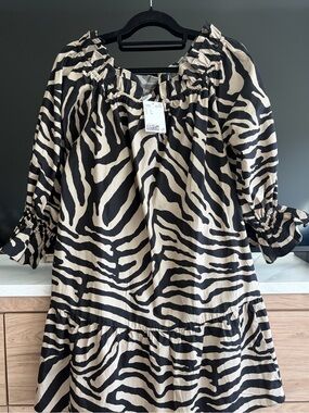 H&M S Women's Zebra Print Puff Sleeve Tunic Dress - Black & Cream